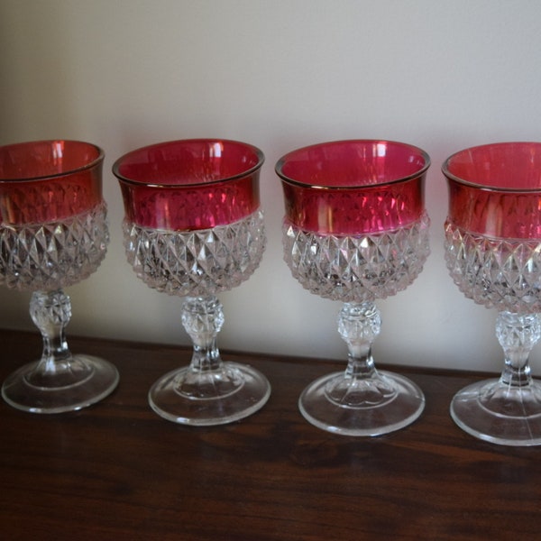 1960 Ruby Red Flash Diamond Point Vintage Cranberry Pedestal Glasses Set of 4 8 Oz