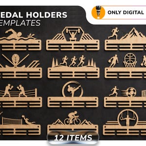Könnte beinhalten: Eine Sammlung von 12 Holz-Medaillenhalter-Vorlagen, die jeweils eine andere Sportart darstellen, darunter Schwimmen, Gewichtheben, Laufen, Basketball, Boxen, Karate, Fußball, Volleyball, Radfahren und Turnen. Text: "MEDAL HOLDERS TEMPLATES" und "ONLY DIGITAL FILES".