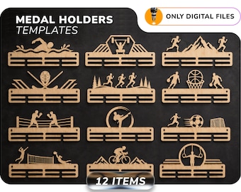 May include: A collection of 12 wooden medal holder templates, each featuring a different sport, including swimming, weightlifting, running, basketball, boxing, karate, soccer, volleyball, cycling, and gymnastics. The text "MEDAL HOLDERS TEMPLATES" and "ONLY DIGITAL FILES" are visible.