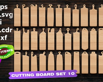 May include: Set of 48 vector cutting board designs in various shapes and sizes. The designs are in black and white and are ready to be cut out on a cutting machine. The designs are perfect for creating unique and personalized cutting boards.