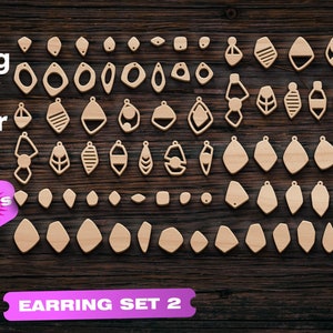 May include: A set of 80 vector cut files for earrings. The files are available in .eps, .svg, .ai, .cdr, and .dxf formats. The earrings are made of wood and have a variety of geometric shapes and designs.