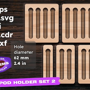 May include: Set of five wooden pod holders, each with five 62 mm diameter holes. The holders are made of light brown wood and have a natural wood finish. The text "POD HOLDER SET 2" is printed at the bottom of the image.