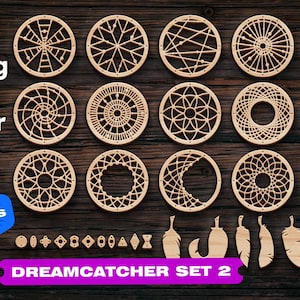 Dreamcatcher grande set 2 svg Lazer taglio Boho acchiappasogni dxf Vector Taglio laser modello albero cuore taglio laser file dxf File Cnc per legno