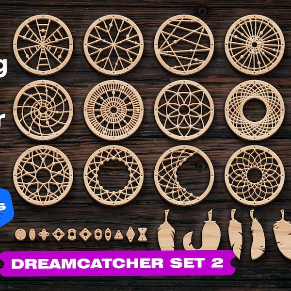 Dreamcatcher grand ensemble 2 svg Lazer coupe Boho dream catcher dxf Vector Laser coupe modèle arbre coeur laser découpe dxf fichier fichiers Cnc pour le bois