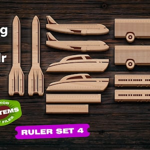 Lineal Set 4 SVG Lineal ein Transport dxf Glowforge Laser geschnitten Dateien CNC Datei Vektor Schnitt Pläne Flugzeug svg LKW svg Zug dxf