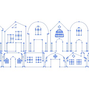 Op de afbeelding: Een rij van acht blauwe lijntekeningen van huizen met verschillende architectuurstijlen, waaronder gebogen ramen en deuren, en sommige met decoratieve details.