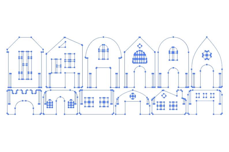 Op de afbeelding: Een rij van acht blauwe lijntekeningen van huizen met verschillende architectuurstijlen, waaronder gebogen ramen en deuren, en sommige met decoratieve details.