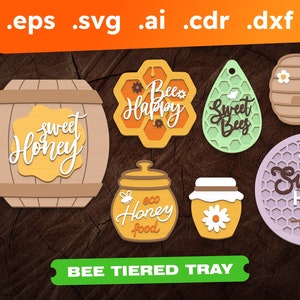 Bee tiered tray svg Laser cut files Laser Ready Files  Honey Bee Tiered Tray SVG Summer Dxf files for Cnc files for wood Vector cut files