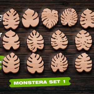 May include: A set of 16 vector cut files featuring various shapes of Monstera leaves. The leaves are a light brown colour and are arranged in rows on a wooden background. The text "MONSTERA SET 1" is displayed at the bottom of the image.