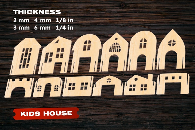 Op de afbeelding: Een set van 10 houten huisvormen voor kinderen, met verschillende raam- en deurontwerpen. De huizen zijn gemaakt van onbehandeld hout en zijn klaar om te worden geschilderd of versierd. De tekst "KIDS HOUSE" is afgedrukt op een rode banner onderaan de afbeelding. De afbeelding bevat ook een tabel met de dikteopties voor de huizen: 2 mm, 4 mm, 3 mm en 6 mm.