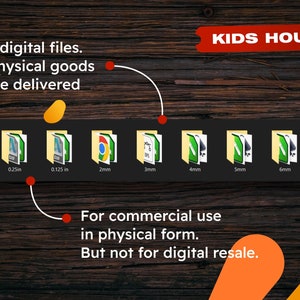 Op de afbeelding: Een grafiek die verschillende bestandsgroottes voor digitale downloads laat zien. De tekst luidt "Alleen digitale bestanden. Geen fysieke goederen worden geleverd." en "KIDS HOUSE". De tekst luidt ook "Voor commercieel gebruik in fysieke vorm. Maar niet voor digitale doorverkoop."