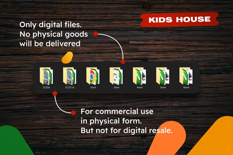 Op de afbeelding: Een grafiek die verschillende bestandsgroottes voor digitale downloads laat zien. De tekst luidt "Alleen digitale bestanden. Geen fysieke goederen worden geleverd." en "KIDS HOUSE". De tekst luidt ook "Voor commercieel gebruik in fysieke vorm. Maar niet voor digitale doorverkoop."