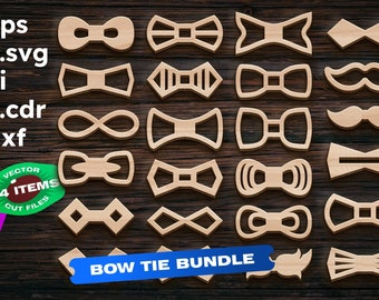 May include: A set of 24 vector cut files for bow ties, featuring various shapes and styles. The files are available in .eps, .svg, .ai, .cdr, and .dxf formats.