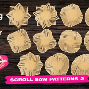 Puede incluir: Un conjunto de 11 patrones de sierra de calar para crear cuencos de madera decorativos. Los patrones tienen forma de estrella, corazón, flor y otras formas geométricas. Los patrones están diseñados para ser recortados en madera con una sierra de calar.