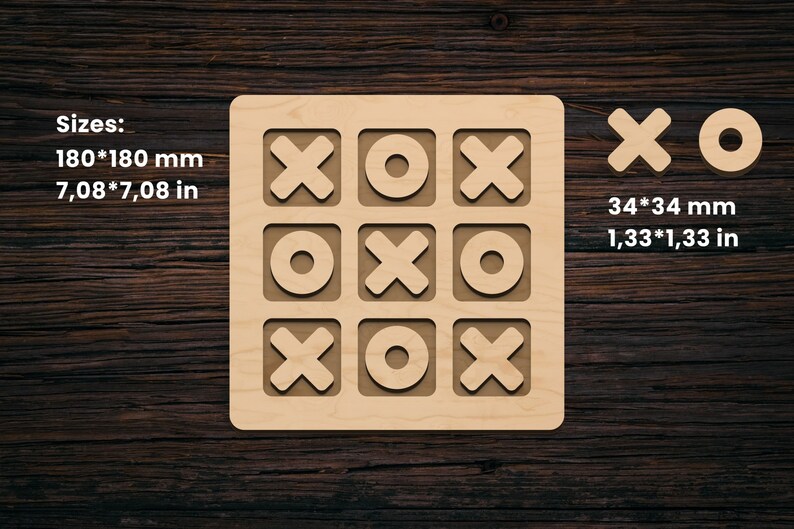 May include: A wooden tic-tac-toe game set. The game board is square, measuring 180 x 180 mm, with carved spaces for X's and O's. Two individual game pieces are included, each 34 x 34 mm. The text "Sizes: 180*180 mm, 7,08*7,08 in, 34*34 mm, 1,33*1,33 in" is visible.