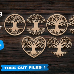 May include: Eight vector cut files of tree designs in a circle and heart shapes. The designs are in a light brown colour and have intricate details. The files are available in .eps, .svg, .ai, .cdr, and .dxf formats.  Tree Cut Files 1 is written in blue text at the bottom of the image.