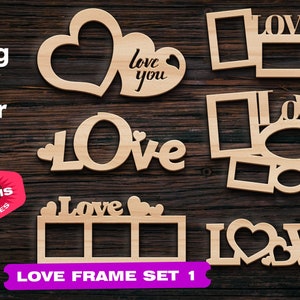 Peut inclure: Un ensemble de six cadres découpés en bois avec le mot "Love" dans différents styles. Les cadres sont conçus pour afficher des photos ou d'autres petits objets. L'ensemble comprend un cadre en forme de cœur, un cadre avec le mot "Love" écrit en lettres et un cadre avec plusieurs ouvertures.