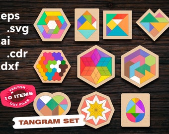 Puzzle svg Tangram Lazer cut for Glowforge Cnc puzzle Laser cut files Dxf files for Cnc files for wood Puzzle Templates Puzzles svg