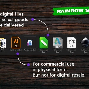 K&ouml;nnte beinhalten: Ein digitales Dateiset mit dem Titel "Rainbow Set 2" mit verschiedenen Dateitypen, darunter SVG, AI und EPS. Das Bild enth&auml;lt den Text "Only digital files. No physical goods will be delivered" und "For commercial use in physical form. But not for digital resale."