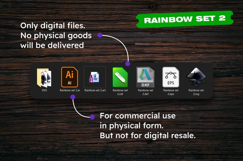 K&ouml;nnte beinhalten: Ein digitales Dateiset mit dem Titel "Rainbow Set 2" mit verschiedenen Dateitypen, darunter SVG, AI und EPS. Das Bild enth&auml;lt den Text "Only digital files. No physical goods will be delivered" und "For commercial use in physical form. But not for digital resale."