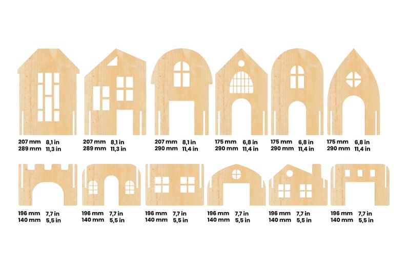 Op de afbeelding: Set van 10 lasergesneden houten huisvormen, perfect voor knutselen en decoreren. Elk huis is ongeveer 20 cm hoog en 18 cm breed. De huizen zijn gemaakt van natuurlijk hout en hebben verschillende ontwerpen, waaronder een kasteel, een schuur en een traditioneel huis.
