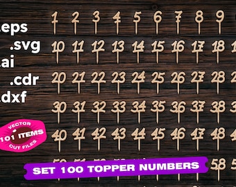 May include: A set of 100 wooden cake toppers with numbers 1 through 100. The numbers are in a handwritten style and are on a wooden stick. The numbers are arranged in rows of 10 on a wooden background. The text "SET 100 TOPPER NUMBERS" is at the bottom of the image.