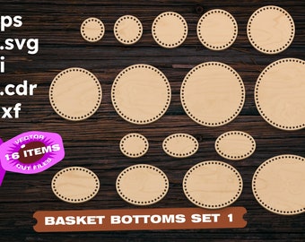May include: A set of 16 wooden basket bottoms in various sizes. The bottoms are round and oval, with a decorative edge. The set includes the file types .eps, .svg, .ai, .cdr, and .dxf. The text "BASKET BOTTOMS SET 1" is at the bottom of the image.
