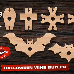May include: Six wooden wine bottle holders in the shape of a coffin, cross, snowflake, bat, and two bats. The holders are on a brown wooden background. The text "HALLOWEEN WINE BUTLER" is at the bottom of the image. A red circle with the text "VECTOR 6 ITEMS CUT FILES" is in the lower left corner of the image.