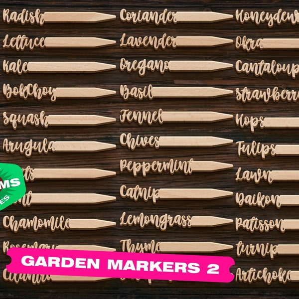 Ensemble de marqueurs de jardin potager 2 svg Fichiers découpés au laser Étiquettes de légumes Fichiers découpés au laser Routeur CNC Coupe au laser pour les plans de travail du bois Glowforge