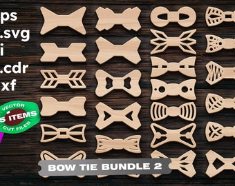 May include: A collection of 25 wooden bow tie cut files in various designs, including arrow, oval, and butterfly shapes. The image includes file formats .eps, .svg, .ai, .cdr, and .dxf. The text "BOW TIE BUNDLE 2" is also visible.