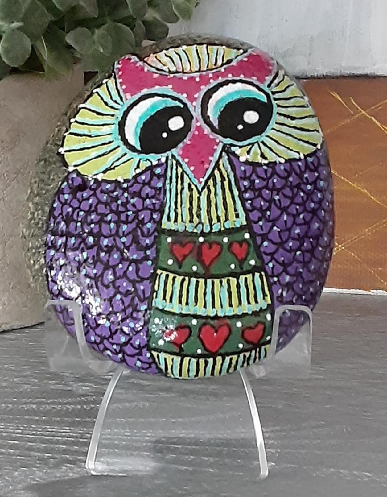 OWLS Stone Rock Art Hand Painted, Detailed Acrylic Stone with UV Weather Protection Finish, Includes