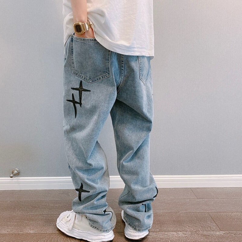 Unisex Embroidered Jeans Cargo Pants Streetwear Baggy Etsy