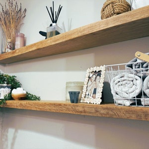 FLOATING OAK SHELF | Wire-Brushed Live Edge Solid Slab Oak with Hidden Mounting Hardware | Free Shipping