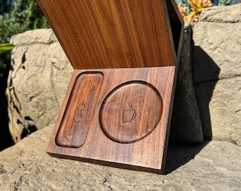 Personalized Walnut Book Valet | Cup & Eyeglasses Holder, Free Engraving