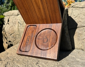 BOOK VALET | Personalized Solid Walnut Book Stand with Cup and Eyeglasses Holder | Free Engraving and Shipping