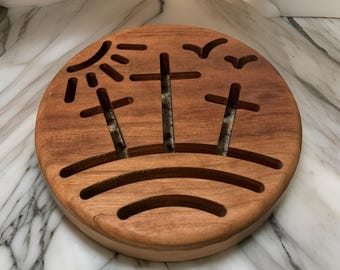 Three Crosses Wooden Trivet | Engraved Religious Hot Pad