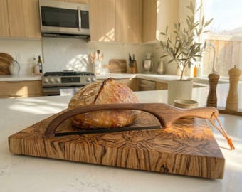 Premium Handcrafted Sourdough Bread Bow Knife | Black Walnut, Ergonomic Handle, Leather Strap & Blade Guard, Personalized Laser Engraving