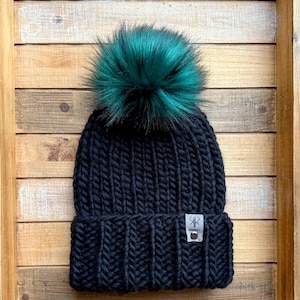 Maple Hill, Black Hand Knit Wool Folded Brim Hat with Removable Green Pom