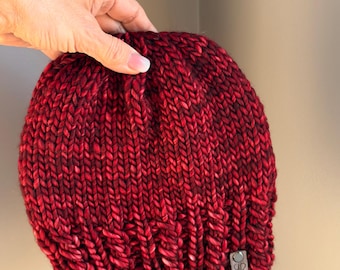Hand Knit Merino Wool Beanie | Dark Red