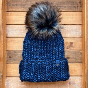 Maple Hill Hat, Hand Knit Blue Fold Up Brim Merino Wool Beanie, Removable Pom