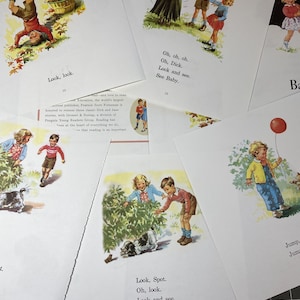 May include: A collection of vintage children's book pages. Illustrations depict children playing, with text like "Look, look" and "Look, Spot." The pages feature colorful drawings and classic storybook scenes, evoking a sense of nostalgia.