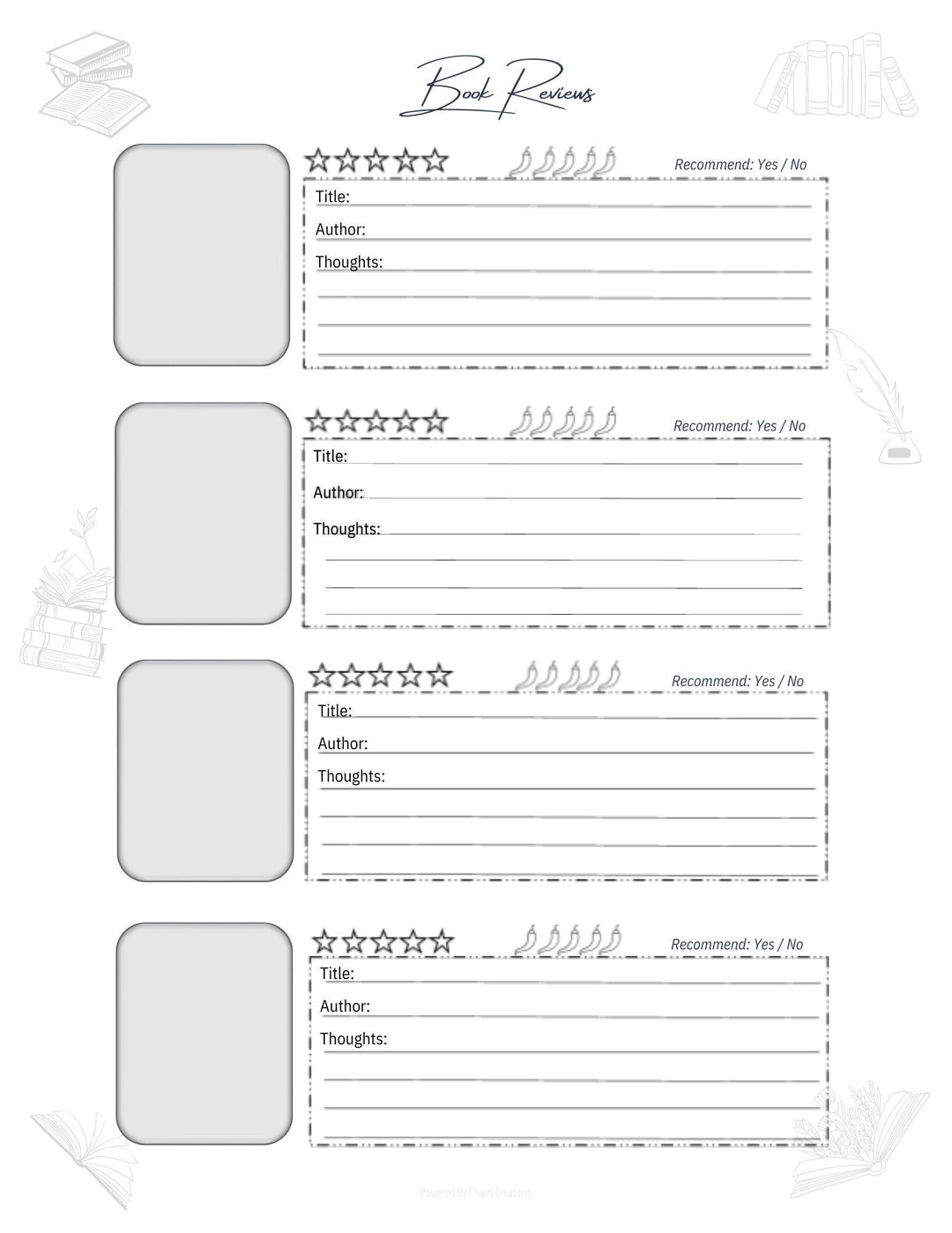 Digital Download Book Review Spice Rating Instant Download Printable 