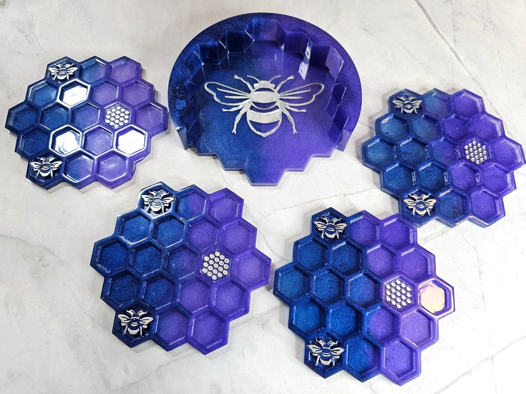 Resin Bee Coaster Set, Handmade Purple and Blue Honeycomb - Etsy