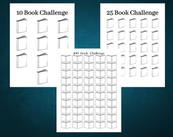 May include: Three white paper charts with black line drawings of books. The charts are labeled "10 Book Challenge", "25 Book Challenge", and "100 Book Challenge". Each chart has a grid of book illustrations.