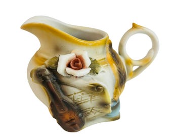 Vintage Hand-Painted Porcelain Music Pitcher, Violin Rose Mid-Century Creamer (8cm)