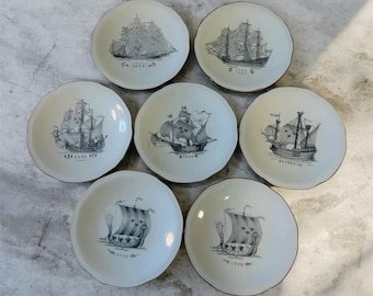 Rare Set of 7 Rörstrand Sweden Nautical Plates - Kungsholmsservisen Historical Ships - Incl. 2x Viking Ships - MCM Scandinavian Decor