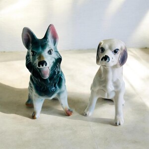 Può includere: Due statuette di cani in ceramica. Uno è blu-verde con accenti rosa sulle orecchie e sulla lingua. L'altro è bianco con punte delle orecchie marroni. Entrambi sono seduti.