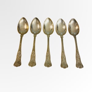 Cucharas de servir antiguas victorianas de plata bañada en plata – Modelo Kings, monograma FM, juego de 5
