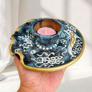 Réplica de lámpara de aceite de cerámica pintada a mano – Portavelas de cerámica griega estilo minoico