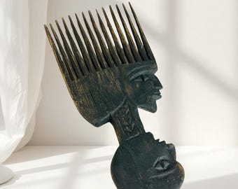 Vintage African Hand-Carved Wooden Comb – Janus Face Afro Pick, Tribal Art Decor